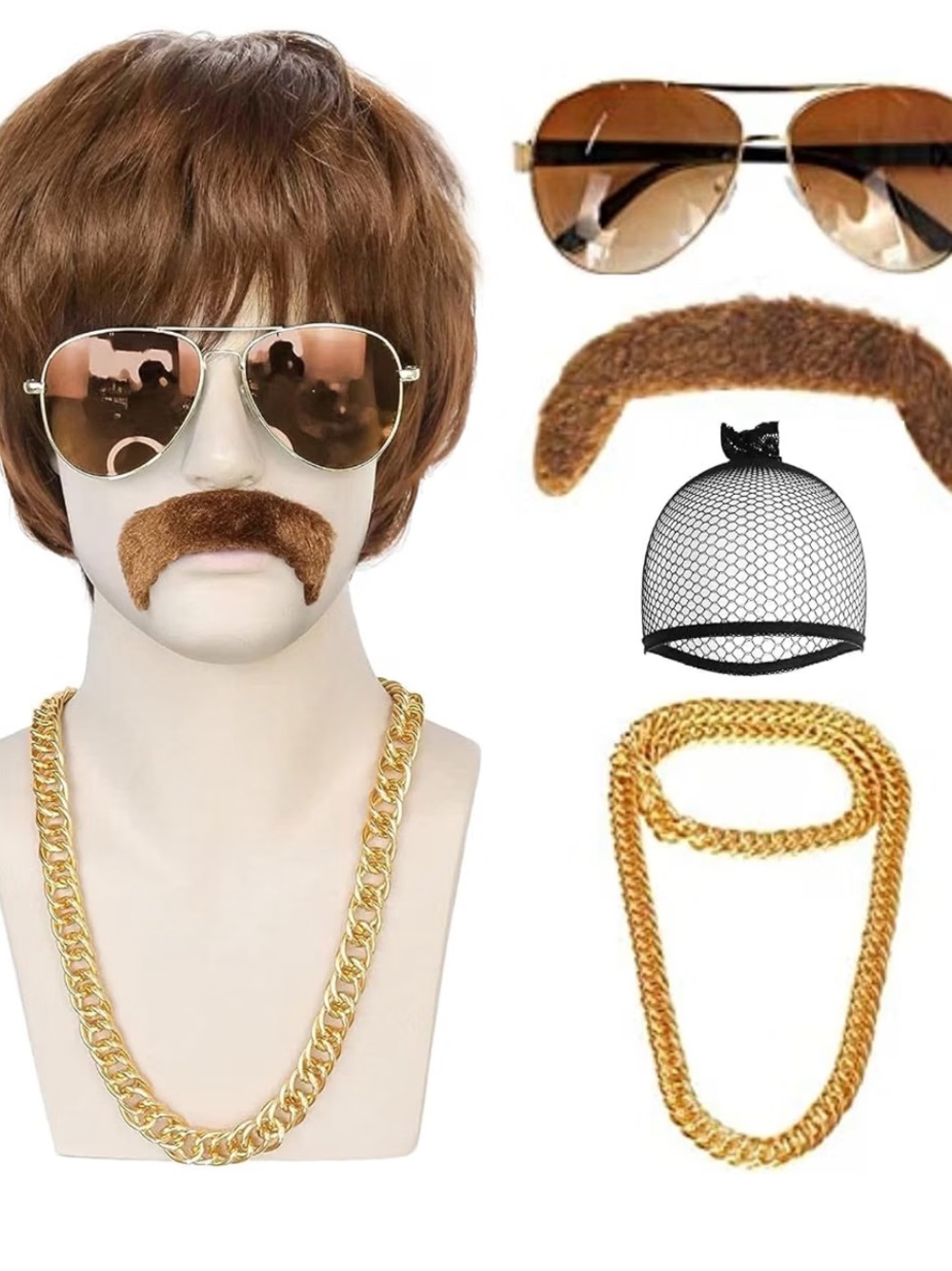 Men’s Disco Wig glasses mustache necklace 
Dress up costume party accessory NEW